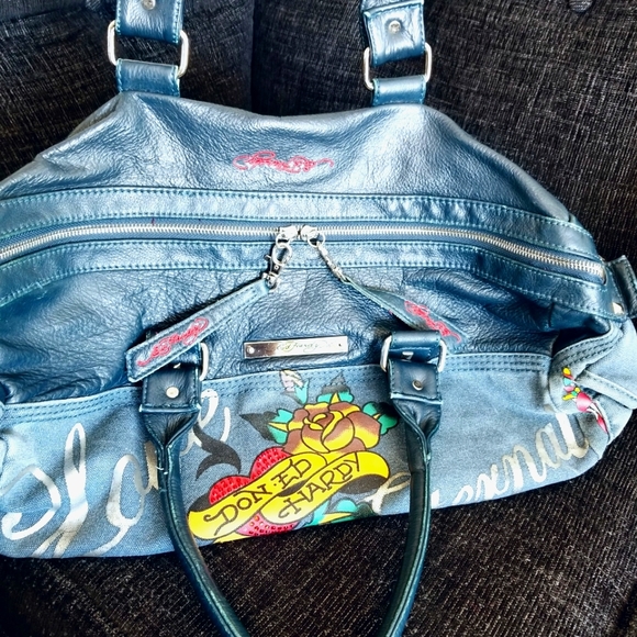 Ed Hardy Handbags - Vintage Y2K Ed Hardy leather/jean purse
